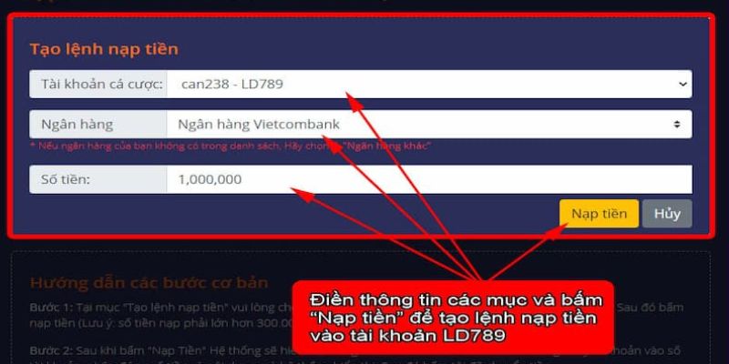 Hướng dẫn các bước nạp tiền Lvs788